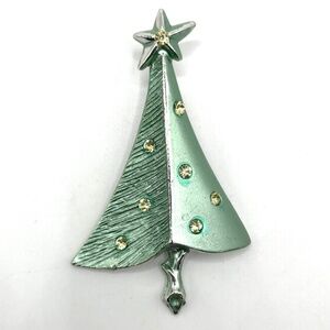 BJ Beatrix Signed Vintage Pale Green Rhinestone Christmas Tree Brooch Pin